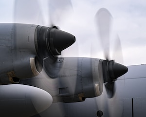 A C-130H Hercules aircraft’s propellers spin prior to takeoff at Youngstown Air Reserve Station, Ohio, March 3, 2024.