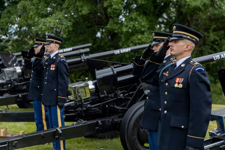 Army soldiers in dark ceremonial uniforms are standing at attention and saluting in a row near black cannons that are placed on a green lawn. The cannons have the words U.S. Army on the barrels.