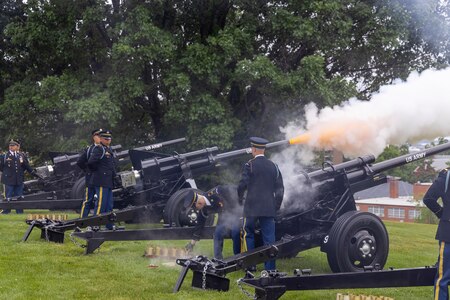 Army soldiers in dark ceremonial uniforms are firing black cannons that are placed on a green lawn.