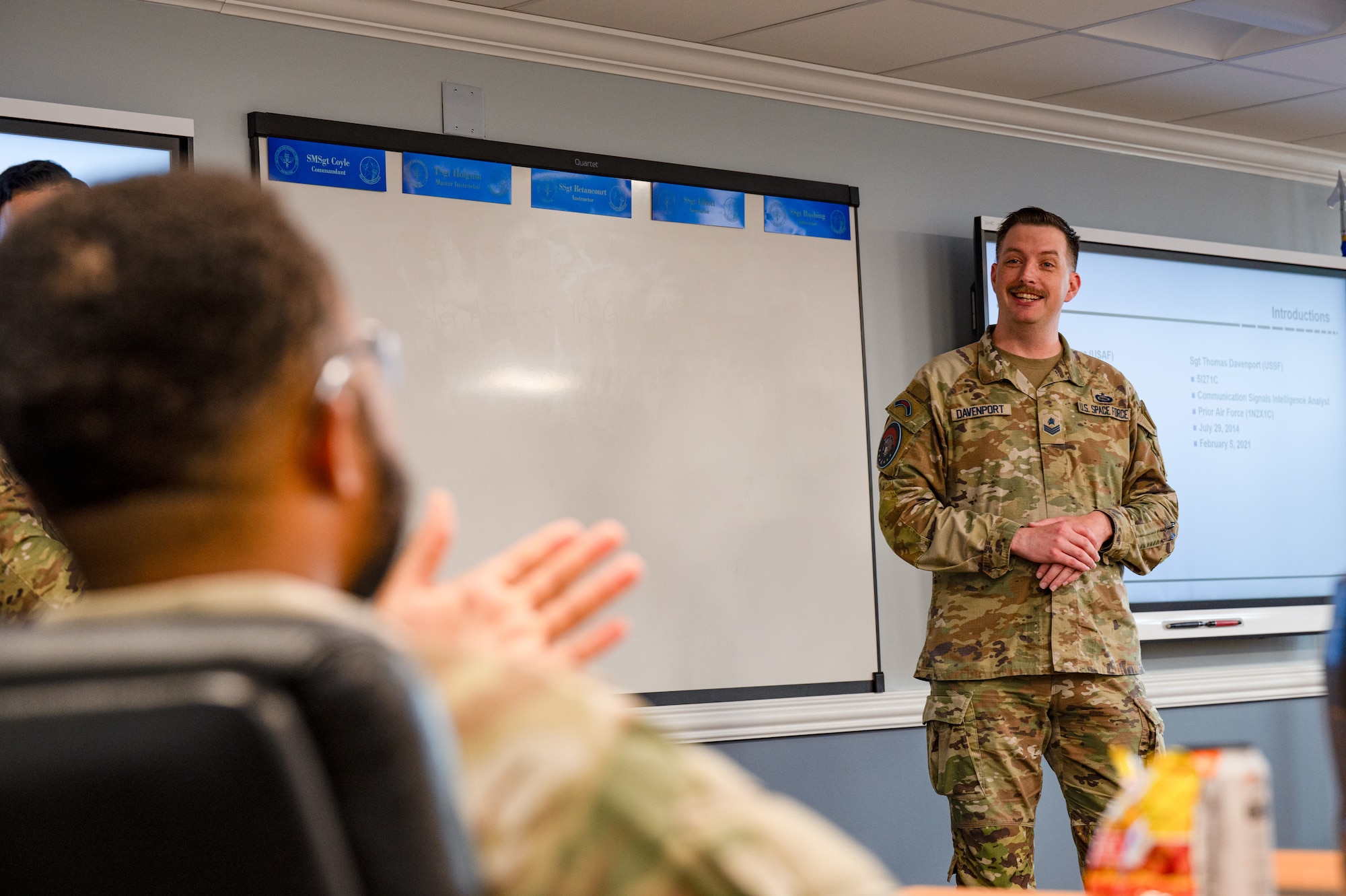 U.S. Space Force Sgt. Thomas Davenport, 533rd Training Squadron, Detachment 1 noncommissioned officer in-charge of Guardian Development, gives a briefing during Military Training Leader School at Keesler Air Force Base, Miss., Feb. 22, 2024. Davenport is the first Space Force Guardian to graduate from MTLS and be certified as an MTL. (U.S. Air Force photo by Senior Airman Trenten A. Walters)