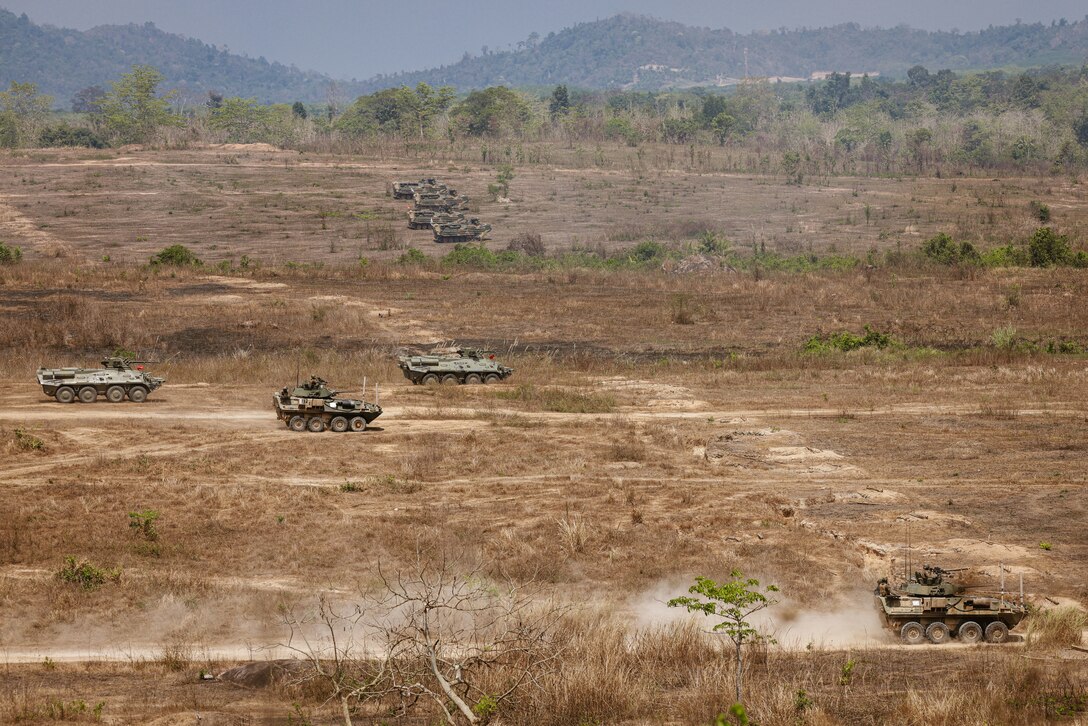 U.S., Royal Thai, and Republic of Korea Marines simultaneously engage simulated enemy targets while mounted on light armored vehicles during a combined live-fire exercise at Exercise Cobra Gold in Chanthaburi province, Thailand, March 7, 2024. Cobra Gold, now in its 43rd year, is a Thai-U.S. co-sponsored training event that builds on the long-standing friendship between the two allied nations and brings together a robust multinational force to promote regional peace and security in support of a free and open Indo-Pacific. (U.S. Marine Corps photo by Cpl. Aidan Hekker)