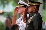 Gen. Romeo Brawner, Jr., Armed Forces of the Philippines Chief of Staff (right), and Adm. John C. Aquilino, Commander of U.S. Indo-Pacific Command, participate in an honors ceremony at Camp Aguinaldo, Manila, Philippines, on March 12, 2024. The visit included exchanges on regional security and mutual partnership, further developing the strategic partnership with the Philippines codified in the 1951 U.S.-Philippines Mutual Defense Treaty. USINDOPACOM is committed to enhancing stability in the Indo-Pacific region by promoting security cooperation, encouraging peaceful development, responding to contingencies, deterring aggression and, when necessary, fighting to win. (U.S. Navy photo by Chief Mass Communication Specialist Shannon M. Smith)