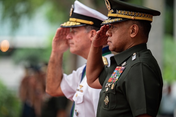 Gen. Romeo Brawner, Jr., Armed Forces of the Philippines Chief of Staff (right), and Adm. John C. Aquilino, Commander of U.S. Indo-Pacific Command, participate in an honors ceremony at Camp Aguinaldo, Manila, Philippines, on March 12, 2024. The visit included exchanges on regional security and mutual partnership, further developing the strategic partnership with the Philippines codified in the 1951 U.S.-Philippines Mutual Defense Treaty. USINDOPACOM is committed to enhancing stability in the Indo-Pacific region by promoting security cooperation, encouraging peaceful development, responding to contingencies, deterring aggression and, when necessary, fighting to win. (U.S. Navy photo by Chief Mass Communication Specialist Shannon M. Smith)