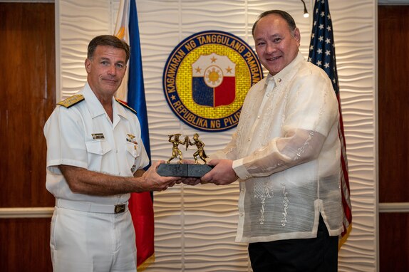 Philippine Secretary of National Defense Gilberto C. Teodoro Jr.  and Adm. John C. Aquilino, Commander of U.S. Indo-Pacific Command, meet at Camp Aguinaldo, Manila, Philippines, on March 12, 2024. The visit included exchanges on regional security and mutual partnership, further developing the strategic partnership with the Philippines codified in the 1951 U.S.-Philippines Mutual Defense Treaty. USINDOPACOM is committed to enhancing stability in the Indo-Pacific region by promoting security cooperation, encouraging peaceful development, responding to contingencies, deterring aggression and, when necessary, fighting to win. (U.S. Navy photo by Chief Mass Communication Specialist Shannon M. Smith)