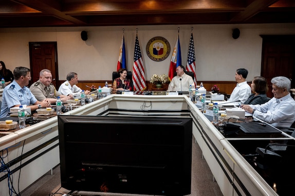 U.S. Ambassador to the Philippines MaryKay L. Carlson and Philippine Secretary of National Defense Gilberto C. Teodoro Jr.  meet at Camp Aguinaldo, Manila, Philippines, during a visit from Adm. John C. Aquilino, Commander of U.S. Indo-Pacific Command, on March 12, 2024. The visit included exchanges on regional security and mutual partnership, further developing the strategic partnership with the Philippines codified in the 1951 U.S.-Philippines Mutual Defense Treaty. USINDOPACOM is committed to enhancing stability in the Indo-Pacific region by promoting security cooperation, encouraging peaceful development, responding to contingencies, deterring aggression and, when necessary, fighting to win. (U.S. Navy photo by Chief Mass Communication Specialist Shannon M. Smith)