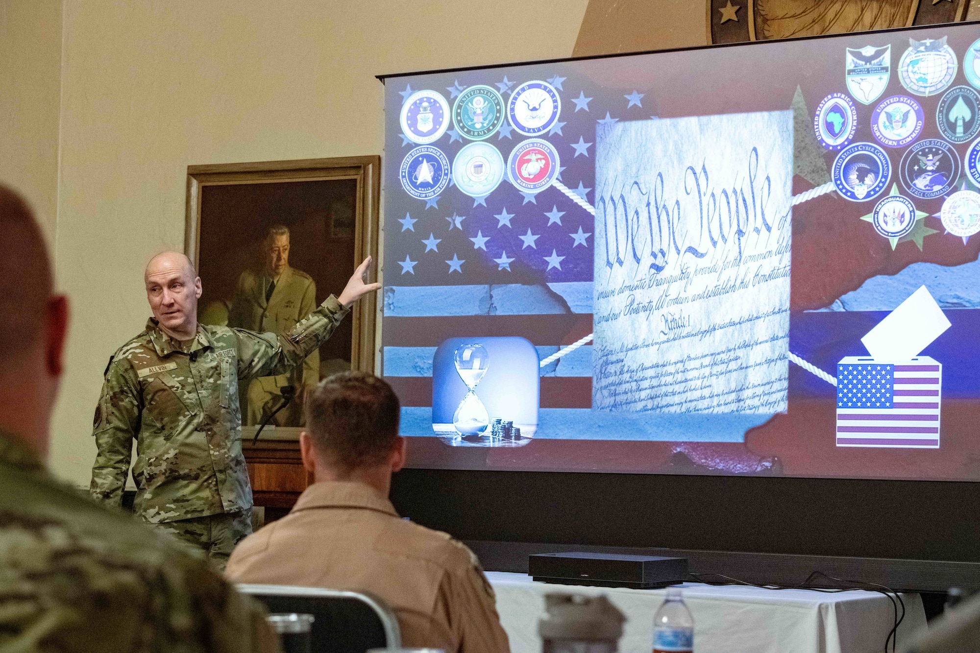 Air Force Chief of Staff Gen. David Allvin mentors Ira C. Eaker Center’s Wing Command team course attendees at Maxwell AFB, Ala. on Mar. 12, 2024. Allvin also spoke to the Group Command teams course and spouses course.  (US Air Force photo by Melanie Rodgers Cox)
