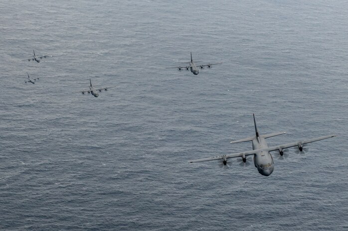 C-130Js transport paratroopers to a drop zone for static-line jump training during Airborne 24.