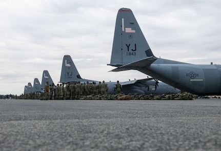 C-130Js prepare to load paratroopers for static-line jump training during Airborne 24.