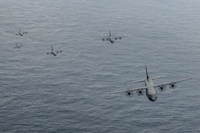 C-130Js transport paratroopers to a drop zone for static-line jump training during Airborne 24.