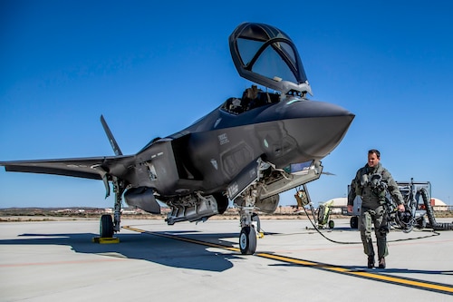 Lt. Col. Jonathan Bearce, an F-35 test pilot with the 370th Flight Test Squadron, conducts a walk-around of an F-35 Lightning II at Edwards Air Force Base, Califonia, April 2, 2020. (Photo courtesy of Darin Russell, Lockheed Martin)