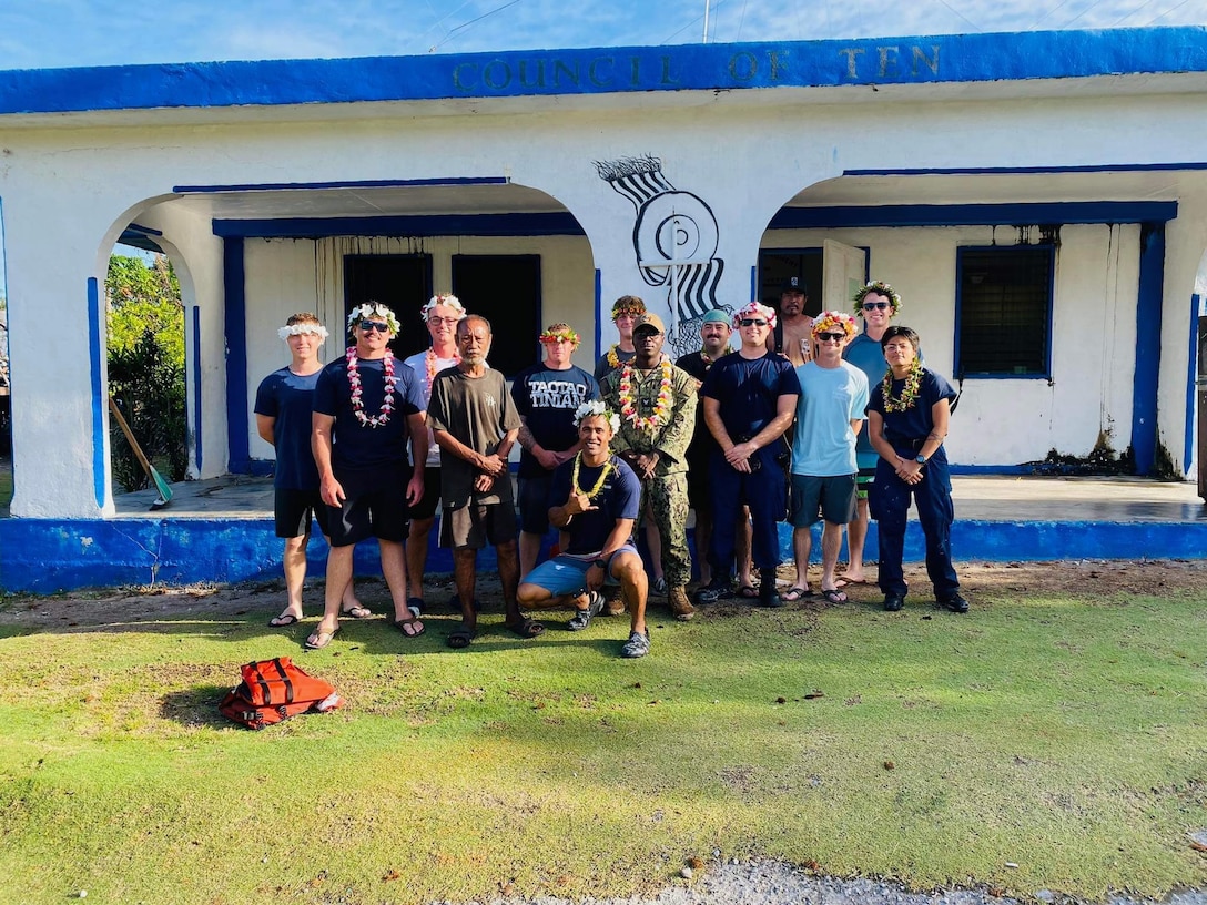 The crew of the USCGC Frederick Hatch (WPC 1143) stand for a photo with leaders in Ulithi Atoll on Feb. 21, 2024. completed a significant operational patrol under Operation Rematau from Feb. 15 to March 4, 2024, reinforcing the U.S. Coast Guard's commitment to maritime safety, security, and environmental stewardship in the Pacific region. (U.S. Coast Guard photo)