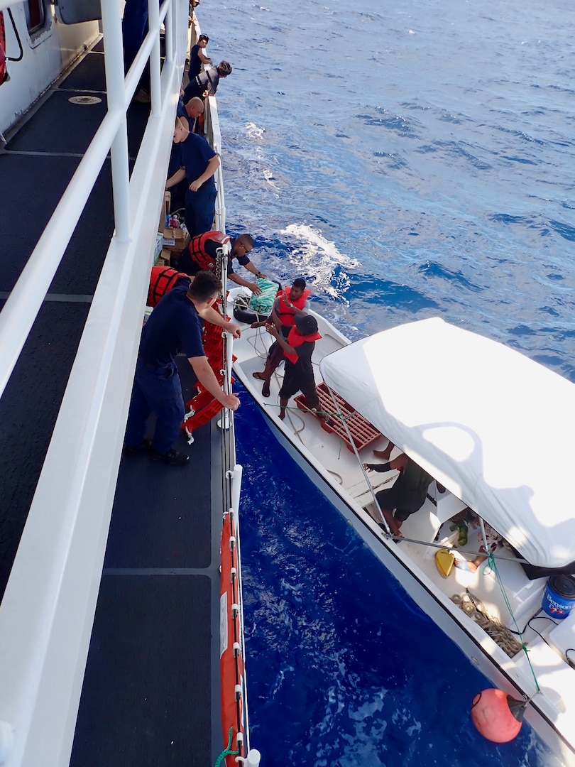 The crew of the USCGC Frederick Hatch (WPC 1143) deliver essential supplies, donated by the Ayuda Foundation and the Ulithi-based One People One Reef research foundation to Ulithi Atoll on Feb. 21, 2024. The crew completed a significant operational patrol under Operation Rematau from Feb. 15 to March 4, 2024, reinforcing the U.S. Coast Guard's commitment to maritime safety, security, and environmental stewardship in the Pacific region. (U.S. Coast Guard photo)