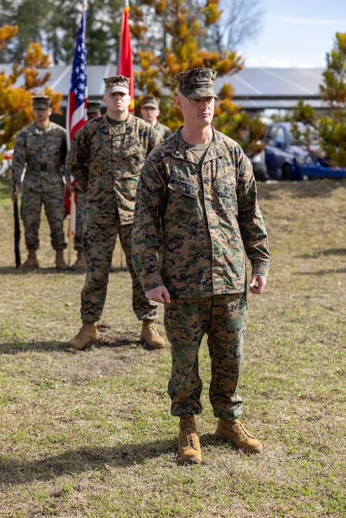 U.S. Marine Corps Lt. Col. Andrew S. Walker, commanding officer, 2nd Network Battalion, gives his remarks after a relief and appointment ceremony on Marine Corps Base Camp Lejeune, North Carolina, March 8, 2024. Master Gunnery Sgt. Eddie W. Dowdell III, outgoing sergeant major of 2nd Network Battalion, relinquished his post as the senior enlisted advisor to Sgt. Maj. Casey S. Chandler, incoming sergeant major of 2nd Network Battalion. (U.S. Marine Corps photo by Lance Cpl. Alyssa J. Deputee)