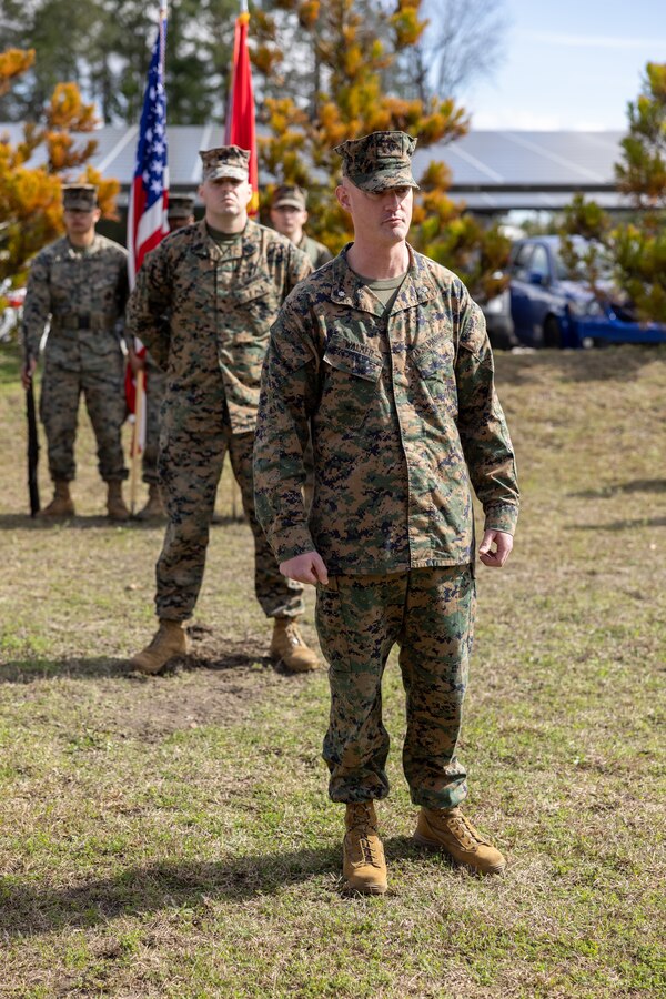U.S. Marine Corps Lt. Col. Andrew S. Walker, commanding officer, 2nd Network Battalion, gives his remarks after a relief and appointment ceremony on Marine Corps Base Camp Lejeune, North Carolina, March 8, 2024. Master Gunnery Sgt. Eddie W. Dowdell III, outgoing sergeant major of 2nd Network Battalion, relinquished his post as the senior enlisted advisor to Sgt. Maj. Casey S. Chandler, incoming sergeant major of 2nd Network Battalion. (U.S. Marine Corps photo by Lance Cpl. Alyssa J. Deputee)