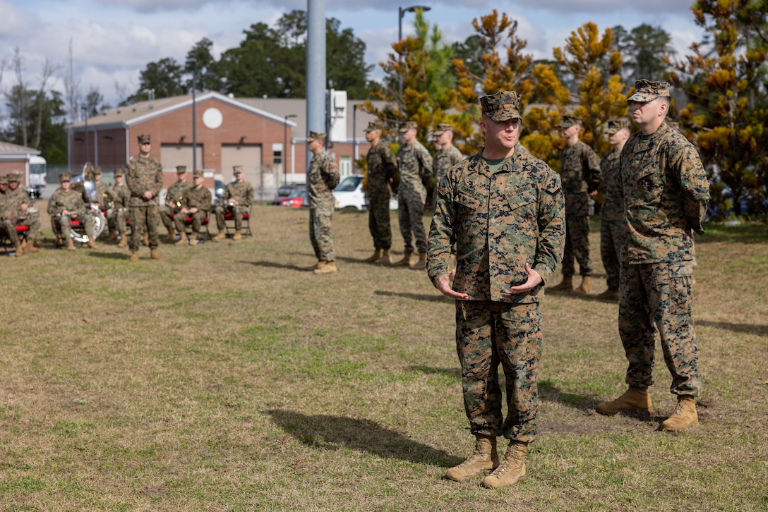 U.S. Marine Corps Sgt. Maj. Casey S. Chandler, incoming sergeant major of 2nd Network Battalion, gives his remarks after a relief and appointment ceremony on Marine Corps Base Camp Lejeune, North Carolina, March 8, 2024. Master Gunnery Sgt. Eddie W. Dowdell III, outgoing sergeant major of 2nd Network Battalion, relinquished his post as the senior enlisted advisor to Chandler. (U.S. Marine Corps photo by Lance Cpl. Alyssa J. Deputee)