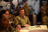 U.S. Air Force Capt. Josef Hartzel, senior communication watch officer for the National Military Command Center at the Pentagon, discusses leader communication challenges during the Flight Leadership Orientation Course at Joint Base Anacostia-Bolling, Washington, D.C., March 5, 2024.
