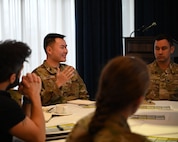 U.S. Space Force 2nd Lt. Christopher Chen, a national reconnaissance officer for the 661st Cyber Operations Squadron, explains some of the highlights of being a leader at the Flight Leadership Orientation Course at Joint Base Anacostia-Bolling, Washington, D.C., March 5, 2024.