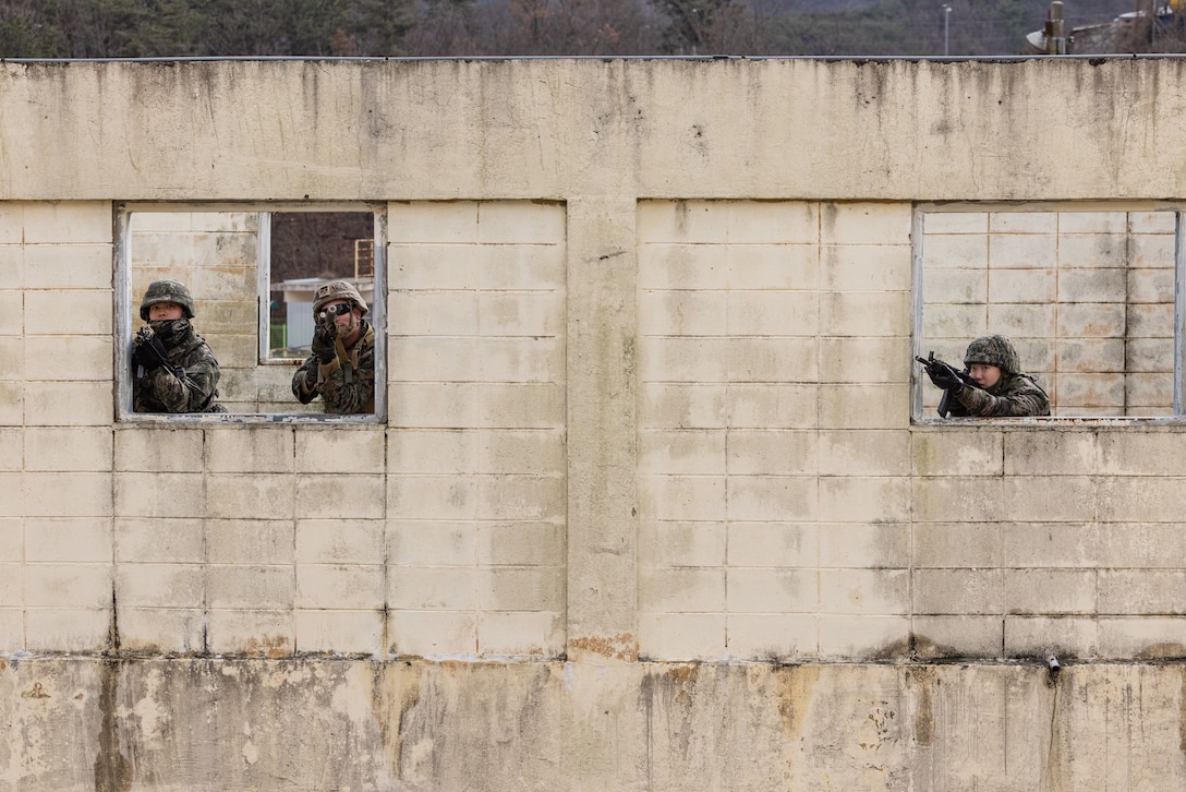 U.S. and Republic of Korea Marines isolate an adjacent building during Korea Viper 24.1 at Camp Mujuk, Republic of Korea, Feb. 7, 2024. Urban operations training strengthens Marines' proficiency in navigating and engaging in urban terrain, ensuring readiness through realistic training of close-quarters combat scenarios. In its first iteration, Korea Viper demonstrates the ROK-US Marine Corps ability to respond decisively in the region as a singular, unified force while strengthening relationships and trust between the two allies. The Marines are with 2d Battalion, 7th Marines. 2/7 is forward deployed in the Indo-Pacific under 4th Marine Regiment, 3d Marine Division as part of the Unit Deployment Program. (U.S. Marine Corps photo by Lance Cpl. Evelyn Doherty)