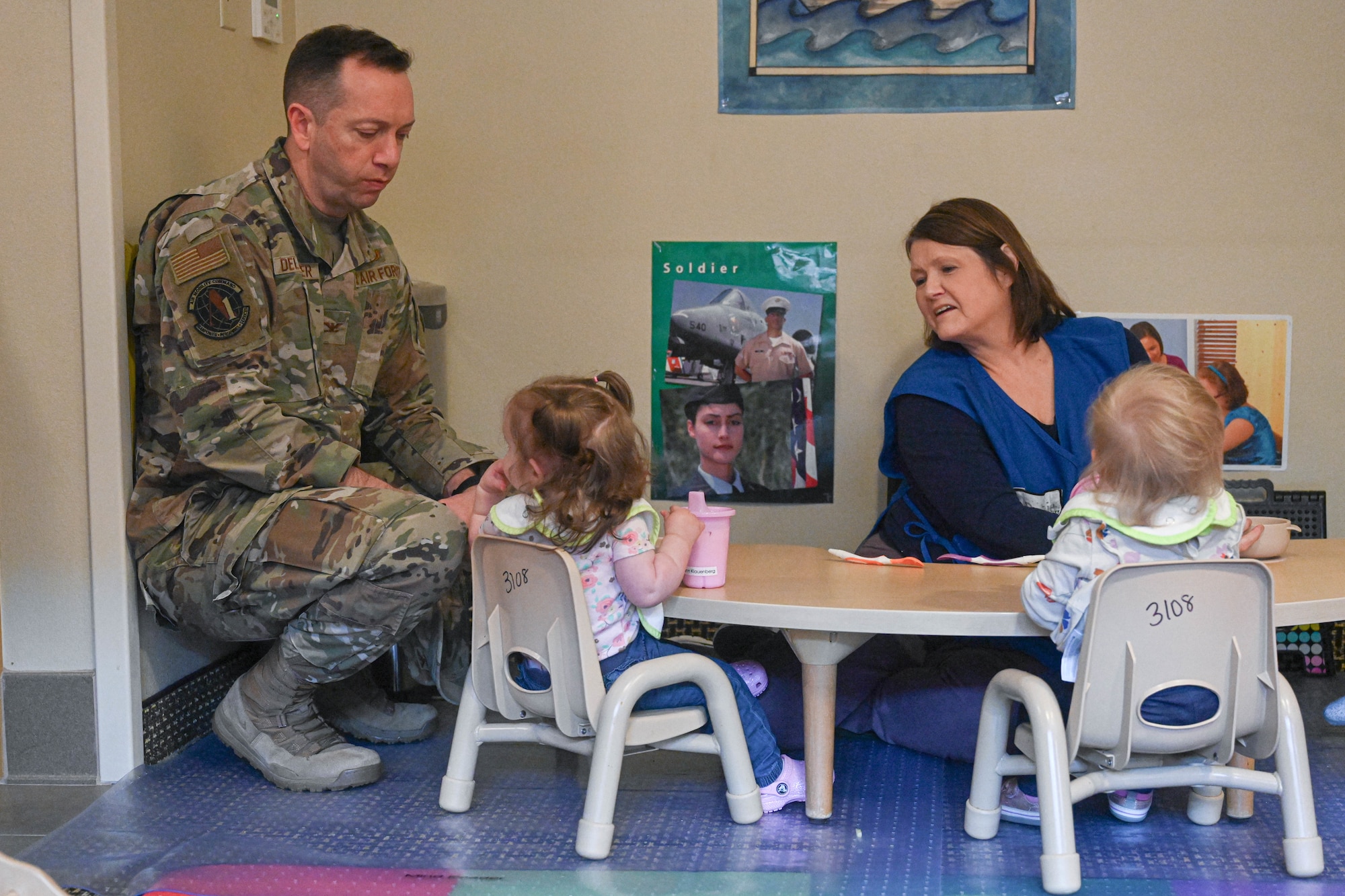 Col. Jason Delamater, Air Mobility Command director of manpower, personnel, and services visits children at the Child Development Center at Little Rock Air Force Base, Arkansas, Mar. 4-5, 2024.