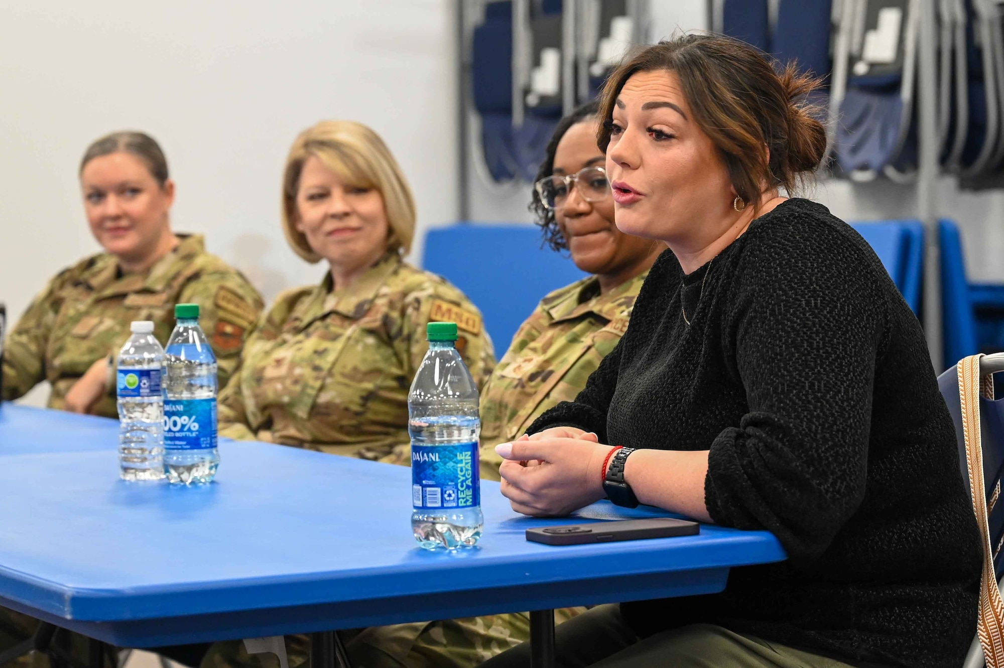 Kelsey Brightbill, 97th Contracting Flight flight chief, tells her story at the Coffee and Connect women’s panel at Altus Air Force Base (AFB), Oklahoma, March 6, 2024. Brightbill, an Altus native, has worked at Altus AFB for 16 years. (U.S. Air Force photo by Airman 1st Class Kari Degraffenreed)