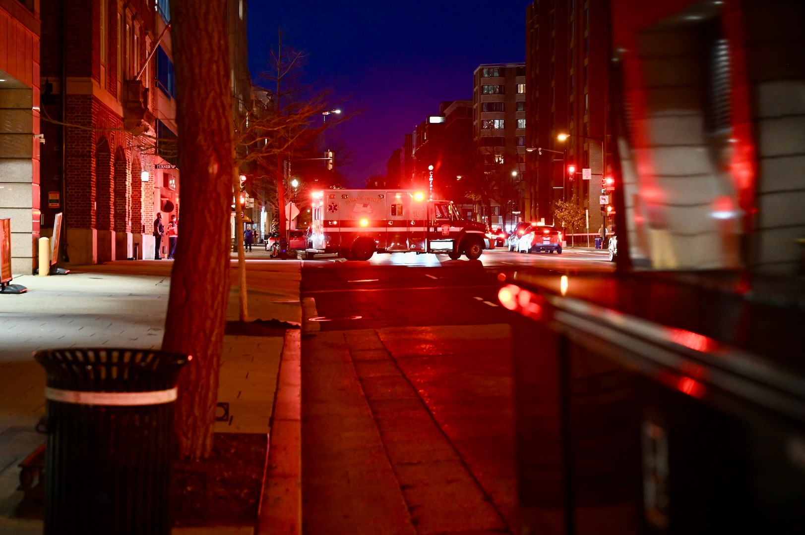 A District of Columbia Fire and EMS vehicle responds in Washington, D.C., March 7, 2024.  The 33rd WMD-CST was strategically positioned to respond effectively with D.C. Fire, U.S. Secret Service, U.S. Capitol Police, and CBRNE Enhanced Response Force Packages (CERFP) units.