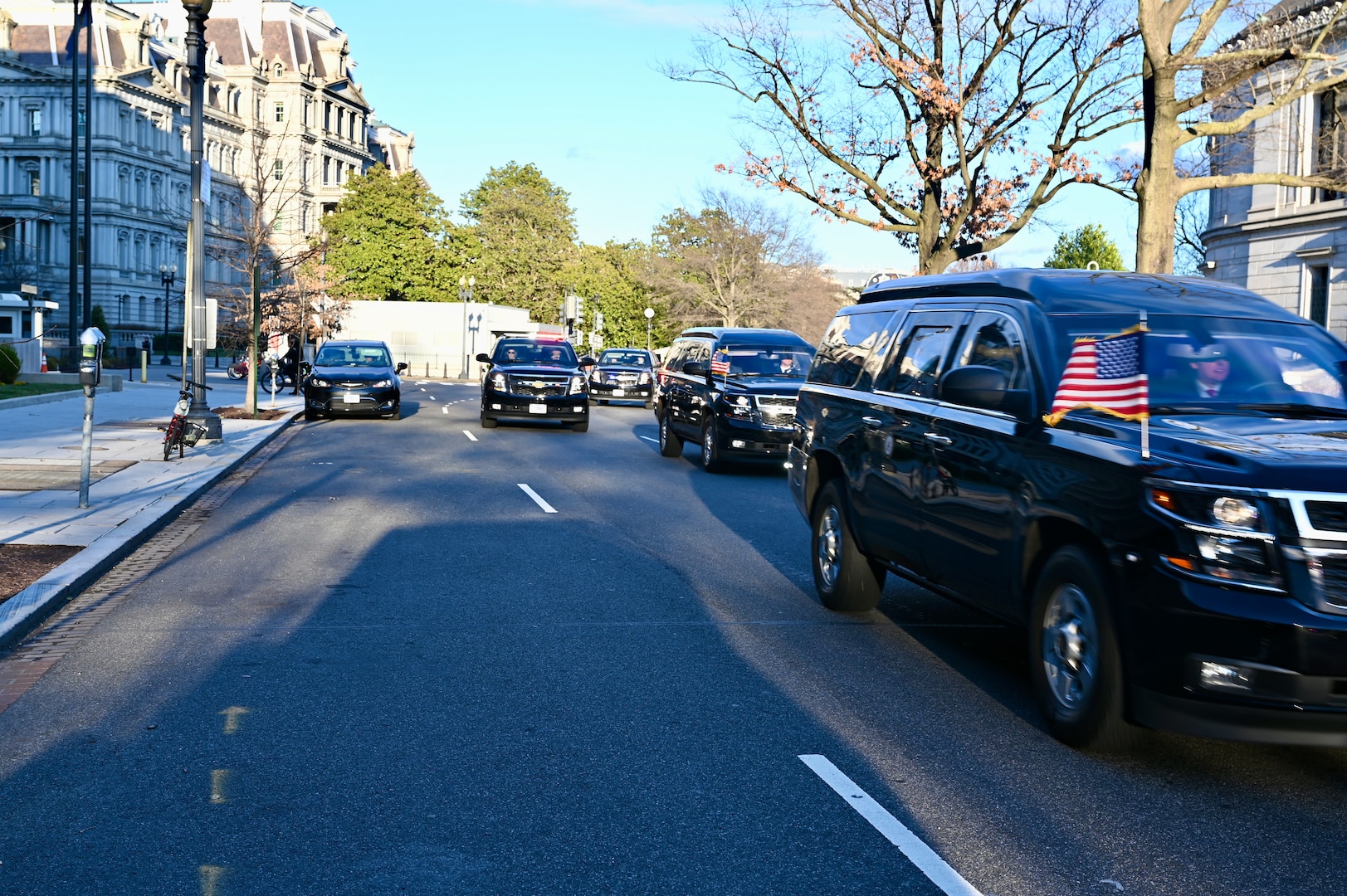 The presidential motorcade passes a District of Columbia National Guard 33rd Weapons of Mass Destruction-Civil Support Team (WMD-CST) staging post in Washington, D.C., March 7, 2024.  The 33rd WMD-CST was strategically positioned to respond effectively with D.C. Fire, U.S. Secret Service, U.S. Capitol Police, and CBRNE Enhanced Response Force Packages (CERFP) units.