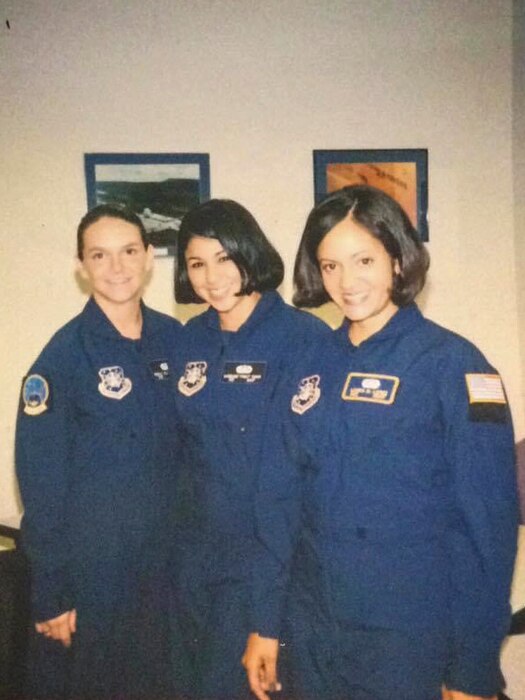 U.S. Air National Guard Col. Laura Lopez, 195th Wing deputy commander (right), poses with Airman 1st Class Emily Allensworth (left), and Chief Master Sgt. Karman Pogue, during their technical training school for space systems operator at Vandenburg Space Force Base, California, June 1999.