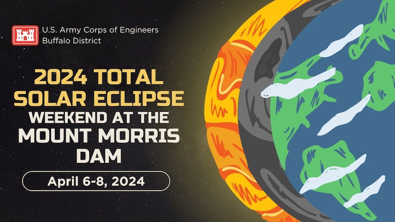 Illustrated graphic promoting 2024 Total Solar Eclipse Weekend activities at the Mount Morris Dam.