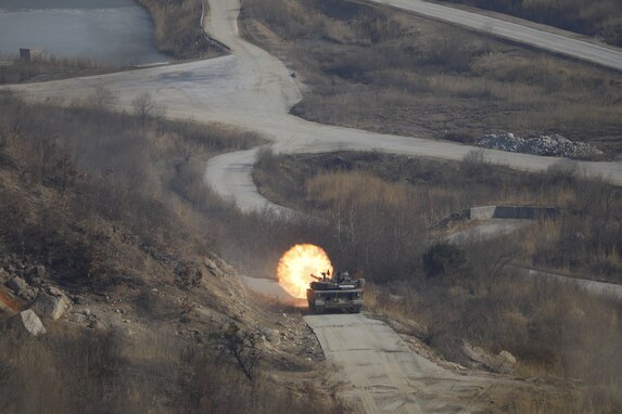 A ROK army K1A1 tank fires during combined live fire training with the 2nd Infantry-ROK/U.S. Combined Division during Freedom Shield, March 14, 2024. In support of the Armistice Agreement, Freedom Shield 24 underscores the enduring military partnership between the ROK and the U.S. It reinforces the role of the Alliance as the linchpin for regional peace and security, reaffirming the unwavering commitment of the United States to defend the Republic of Korea. (U.S. Army photo by Kim, Ji Hun)