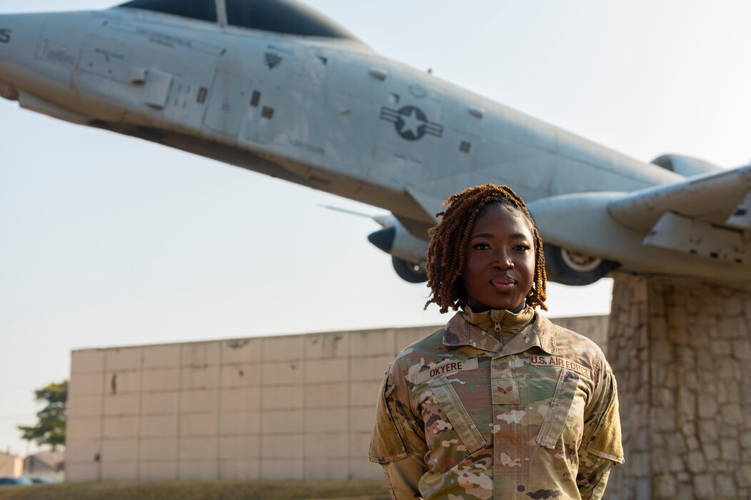 U.S. Air Force Senior Airman Vanessa Okyere, 51st Comptroller Squadron financial accountant technician, poses for a photo at Osan Air Base, Republic of Korea, March 14, 2024. The finance office for the 51st Fighter Wing oversees the transactions and resource management of over 20 base organizations, keeping the base financially ready to deter any potential threats and continue mission operations. (U.S. Air Force photo by Senior Airman Kaitlin Frazier)