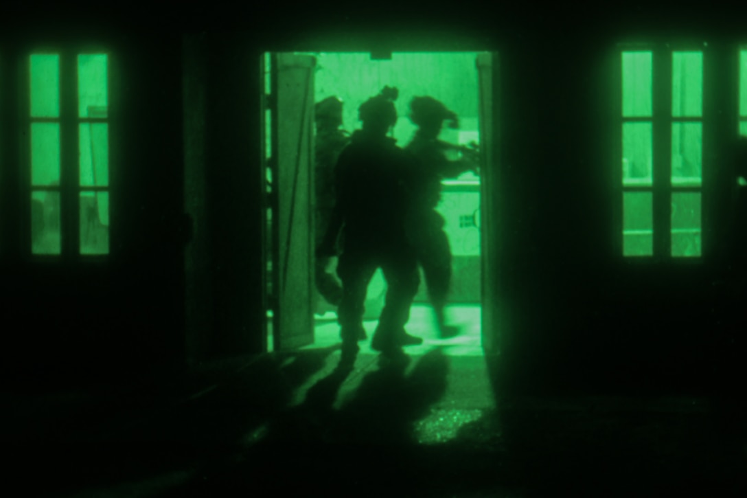 Soldiers carrying weapons break through the door of a house as seen by the green light from a night-vision device.