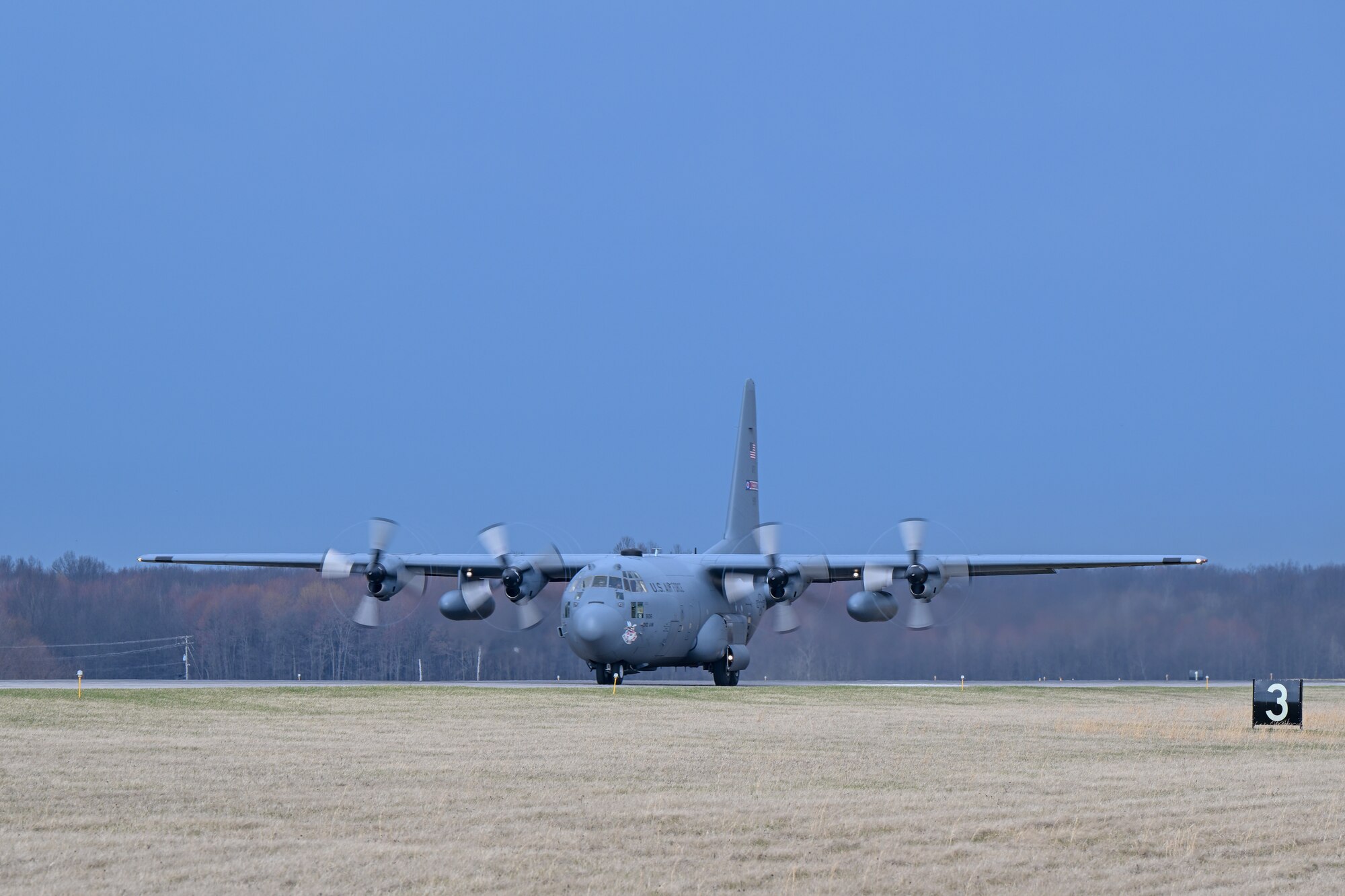 A C-130H Hercules aircraft assigned to the 910th Airlift Wing accelerates down the runway during takeoff from Youngstown Air Reserve Station, Ohio, for a local training flight, March 14, 2024.