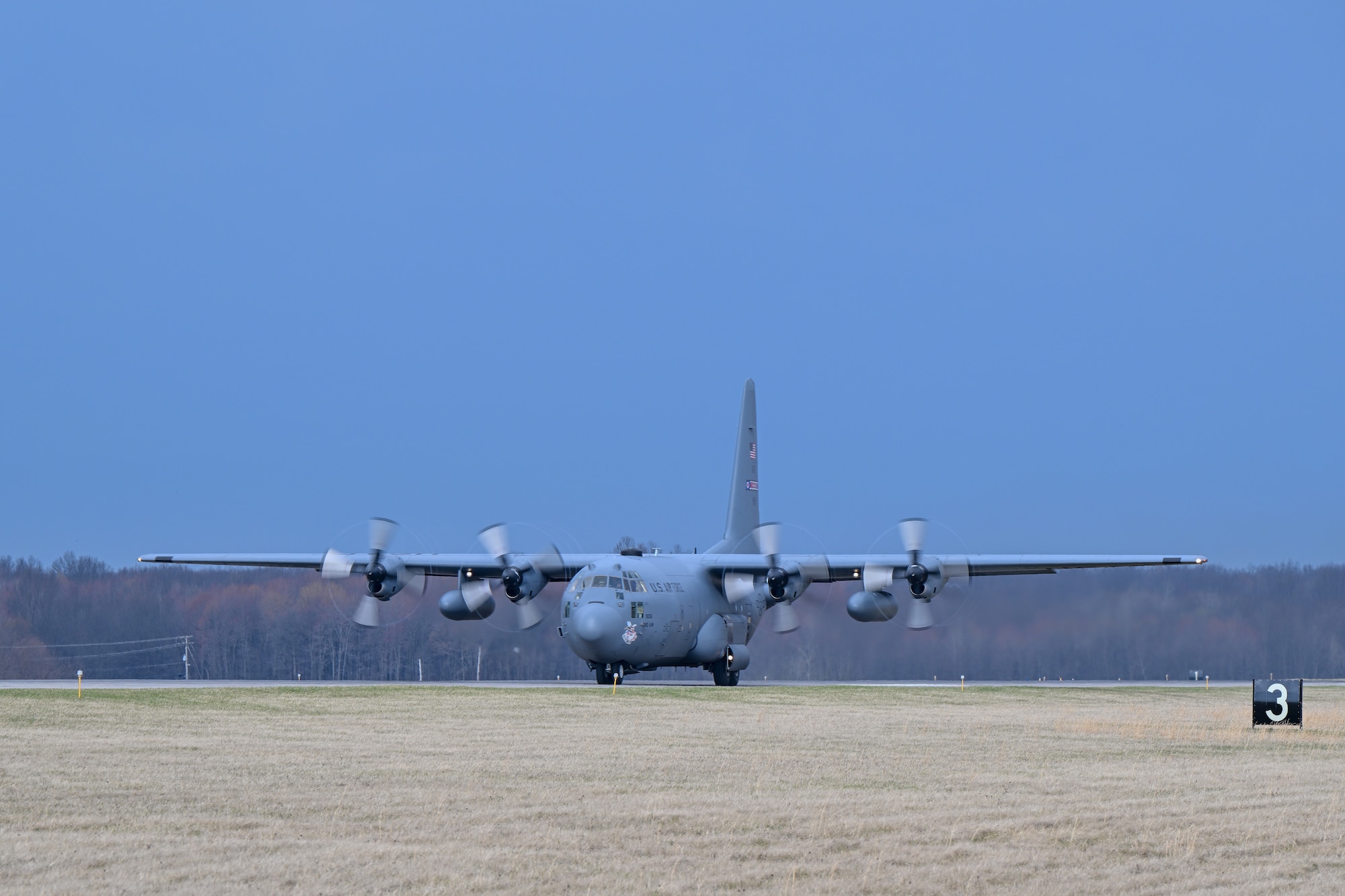 A C-130H Hercules aircraft assigned to the 910th Airlift Wing accelerates down the runway during takeoff from Youngstown Air Reserve Station, Ohio, for a local training flight, March 14, 2024.