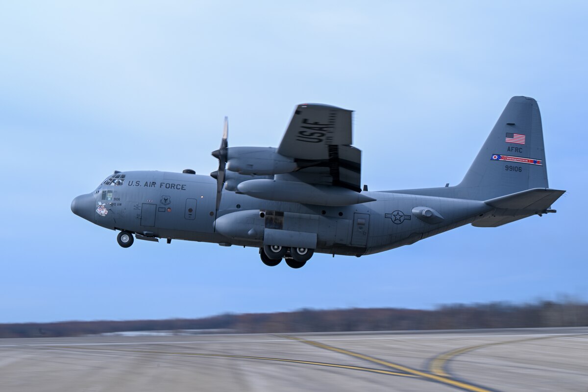 A C-130H Hercules aircraft assigned to the 910th Airlift Wing takes off from Youngstown Air Reserve Station, Ohio, for a local training flight, March 14, 2024.