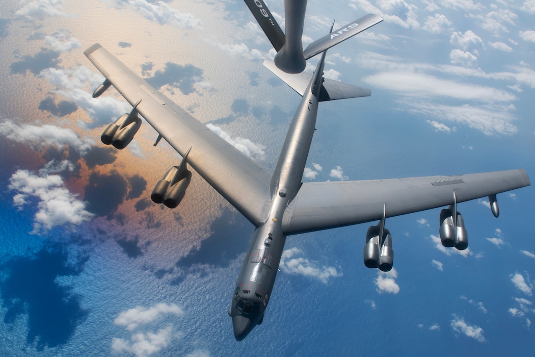 A U.S. Air Force B-52H Stratofortress assigned to the 5th Bomb Wing, Minot Air Force Base, N.D., departs after aerial refueling
