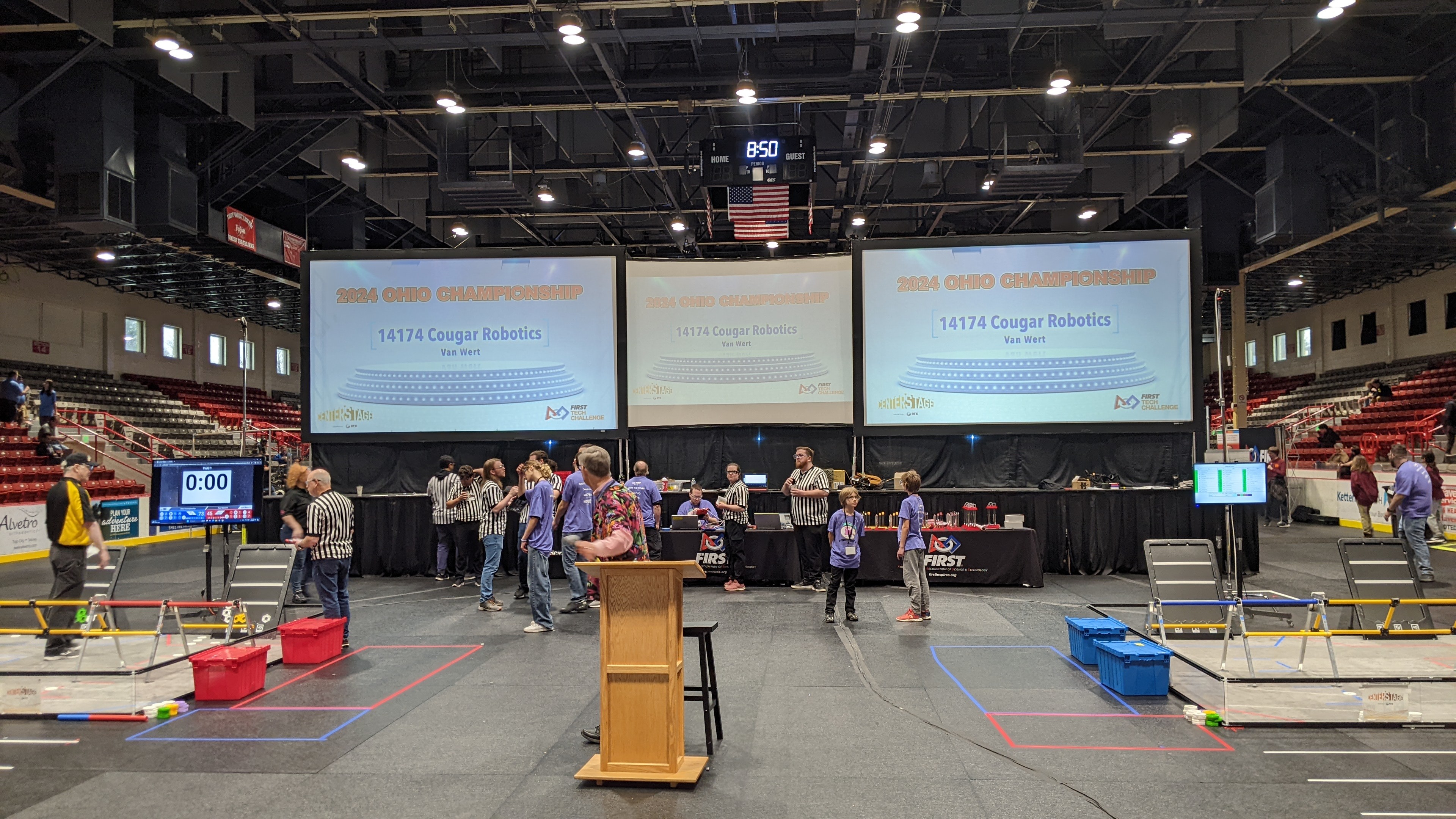 The competition area inside Hobart Arena in Troy, Ohio, with competitors preparing for the For Inspiration and Recognition of Science and Technology, or FIRST, Tech Challenge Ohio State Championship March 9, 2024. Senior Air Force Research Laboratory leaders joined middle and high school students as they competed in the FIRST event, learning science, technology, engineering and mathematics, or STEM, and developing strategies for competition and collaboration with other teams. (U.S. Air Force photo / Jeremy Dunn)