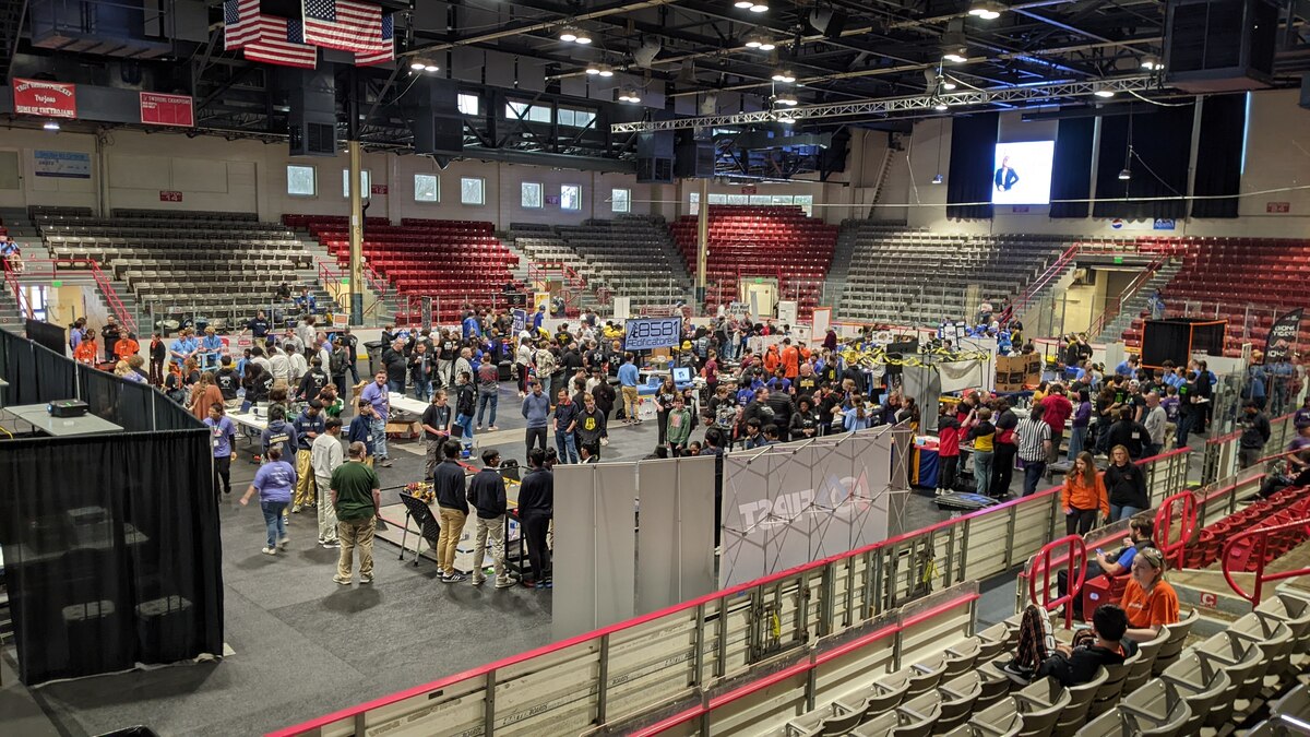 Teams prepare their robots for competition in the pit area of the For Inspiration and Recognition of Science and Technology, or FIRST, Tech Challenge Ohio State Championship March 9, 2024, at Hobart Arena in Troy, Ohio. Senior Air Force Research Laboratory leaders joined middle and high school students as they competed in the FIRST event, which encouraged students to pursue careers in science, technology, engineering and math. (U.S. Air Force photo / Jeremy Dunn)