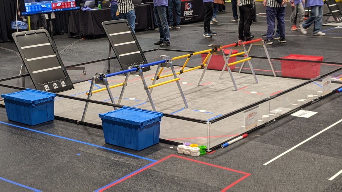 The competition area of the For Inspiration and Recognition of Science and Technology, or FIRST, Tech Challenge Ohio State Championship March 9, 2024, at Hobart Arena in Troy, Ohio. Senior Air Force Research Laboratory leaders joined middle and high school students as they competed in the FIRST event, learning science, technology, engineering and mathematics, or STEM, and developing strategies for competition and collaboration with other teams. (U.S. Air Force photo / Jeremy Dunn)