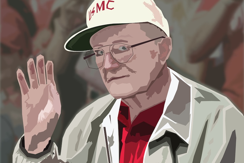 Illustration of a 100 year old Marine Corps veteran raising their hand while wearing a baseball cap with "USMC" across it.