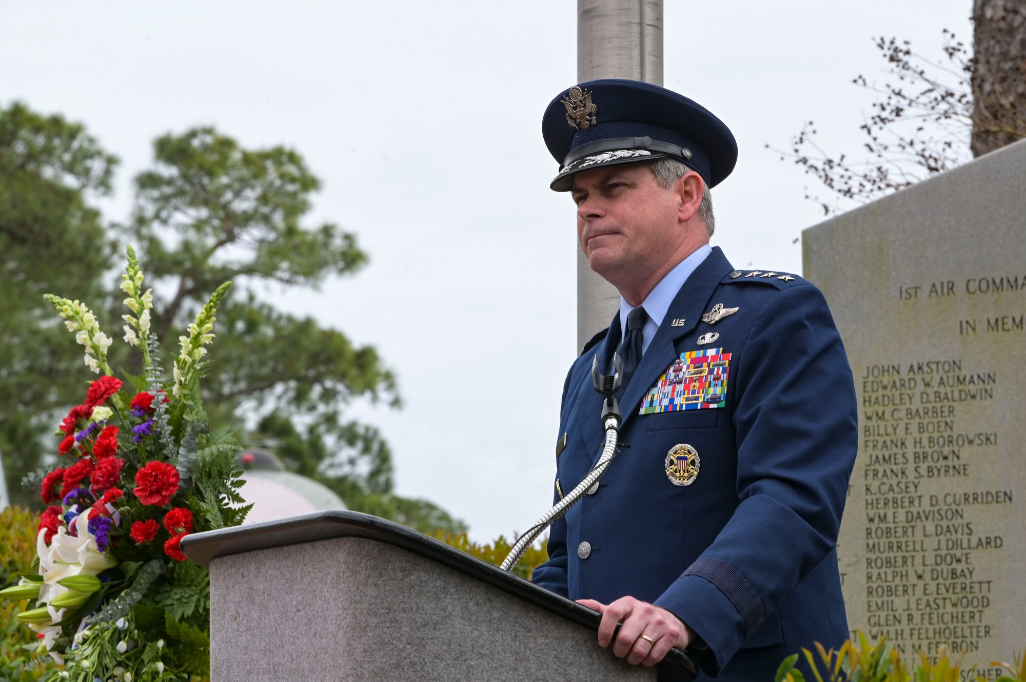 U.S. Air Force Lt. Gen. Michael Plehn, President of the National Defense University, provides remarks during the Jockey-14 Remembrance Ceremony at Hurlburt Field, Florida, Mar. 14, 2024.