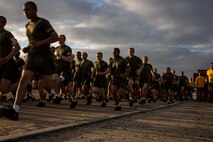 U.S. Marine Corps recruits with Golf Company, 2nd Recruit Training Battalion, conduct the 3-mile run portion of the Marine Corps Physical Fitness Test at Marine Corps Recruit Depot San Diego, California, March 11, 2024. The PFT is conducted during recruit training as an evaluation of stamina and physical conditioning. (U.S. Marine Corps photo by Sgt. Yvonna Guyette)