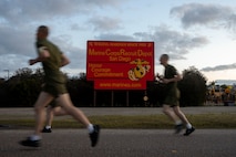 U.S. Marine Corps recruits with Golf Company, 2nd Recruit Training Battalion, conduct the 3-mile run portion of the Marine Corps Physical Fitness Test at Marine Corps Recruit Depot San Diego, California, March 11, 2024. The PFT is conducted during recruit training as an evaluation of stamina and physical conditioning. (U.S. Marine Corps photo by Sgt. Yvonna Guyette)