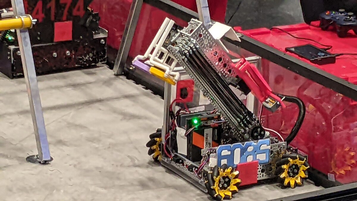 A robot competitor at the For Inspiration and Recognition of Science and Technology, or FIRST, Tech Challenge Ohio State Championship March 9, 2024, at Hobart Arena in Troy, Ohio. Senior Air Force Research Laboratory leaders joined middle and high school students as they competed in the FIRST event, which encouraged students to pursue careers in science, technology, engineering and math. (U.S. Air Force photo / Jeremy Dunn)