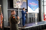 Lt. Col. Brent Hill, deputy director of military support for the Oklahoma National Guard, introduces Jamey Jacob, Ph.d., P.E., during the inaugural Oklahoma National Guard Counter-Unmanned Aircraft Systems Symposium in Oklahoma City, March 12, 2024. Jacob is the executive director of Oklahoma State University's Oklahoma Aerospace Institute for Research and Education.