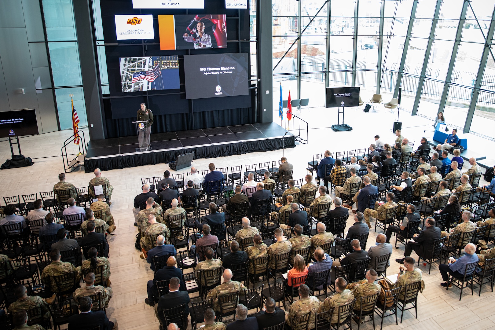 Maj. Gen. Thomas H. Mancino, adjutant general for Oklahoma, speaks during the inaugural Oklahoma National Guard Counter-Unmaned Aircraft Systems Symposium in Oklahoma City March 12, 2024.