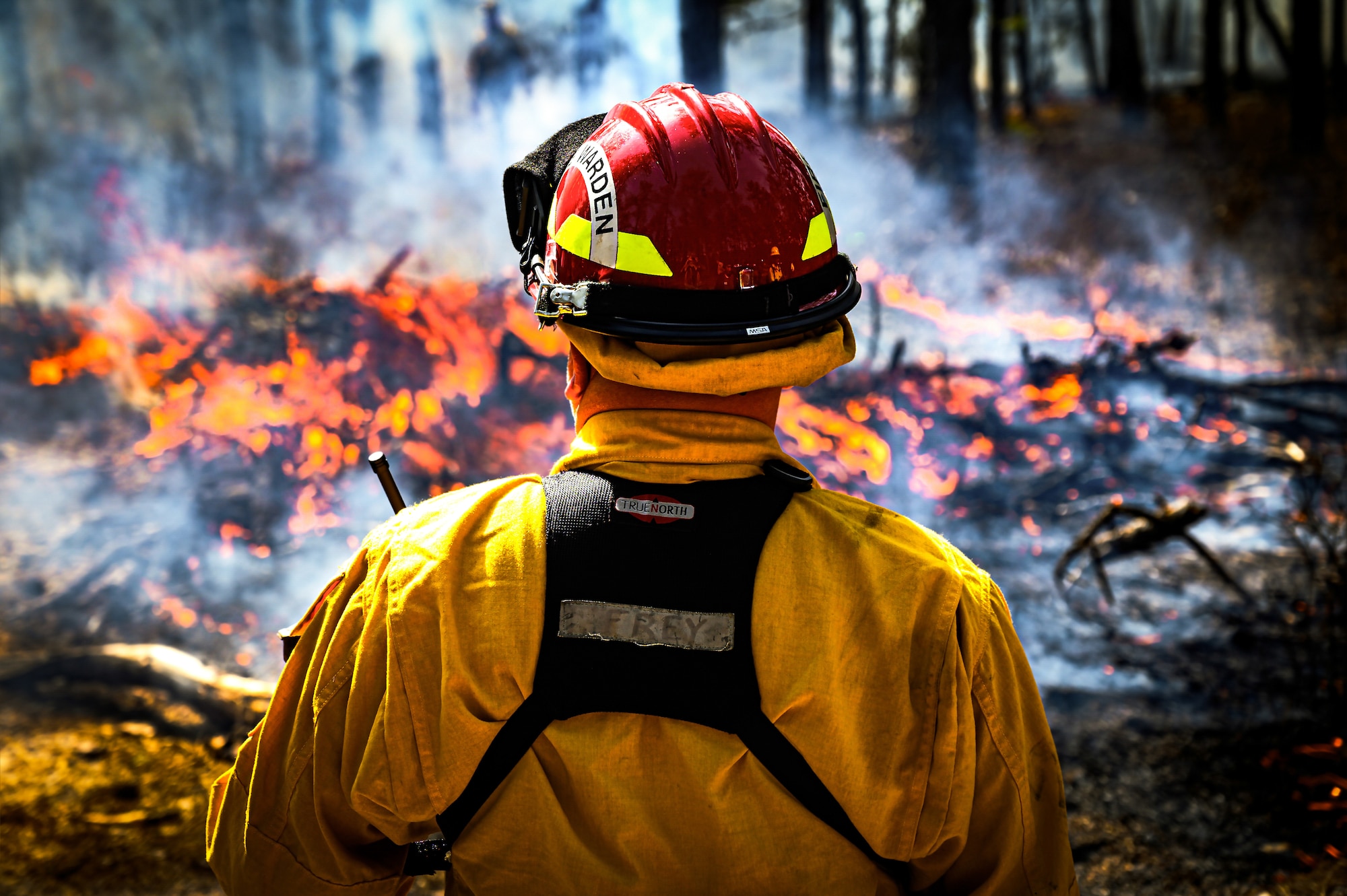 Firewardens with the New Jersey Forest Fire Service monitor undergrowth during a firebreak demonstration at Manchester Township, N.J. in Manchester Township, N.J., March 13, 2024. Officials toured a strategic forest fuel break in Manchester Township, Ocean County, one of three wildfire resilience projects in the Pinelands funded through the U.S. Department of Defense’s Readiness and Environmental Protection Integration Challenge Program. REPI facilitates long-term partnerships to improve resilience to climate change, preserve wildlife habitats and natural resources, and promote sustainable land uses near military installations and ranges. (U.S. Air Force photo by Senior Airman Matt Porter)