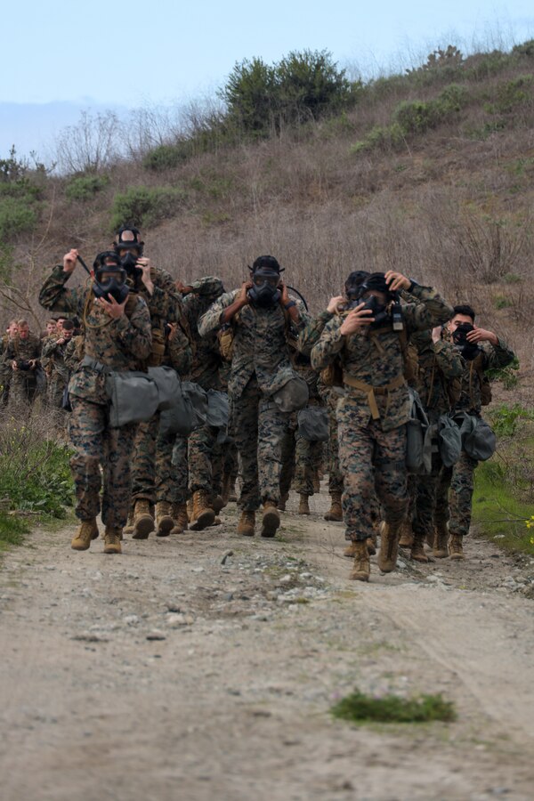 U.S. Marines with Marine Aviation Logistics Squadron 39, Marine Aircraft Group 39, 3rd Marine Aircraft Wing, conduct a chemical, biological, radiological and nuclear training hike at Camp Pendleton, California, March 1, 2024. MALS-39 conducted the hike to promote squadron comradery while fulfilling annual training requirements and facilitating CBRN protective procedures and readiness. (U.S. Marine Corps photo by Lance Cpl. Nicholas Johnson)