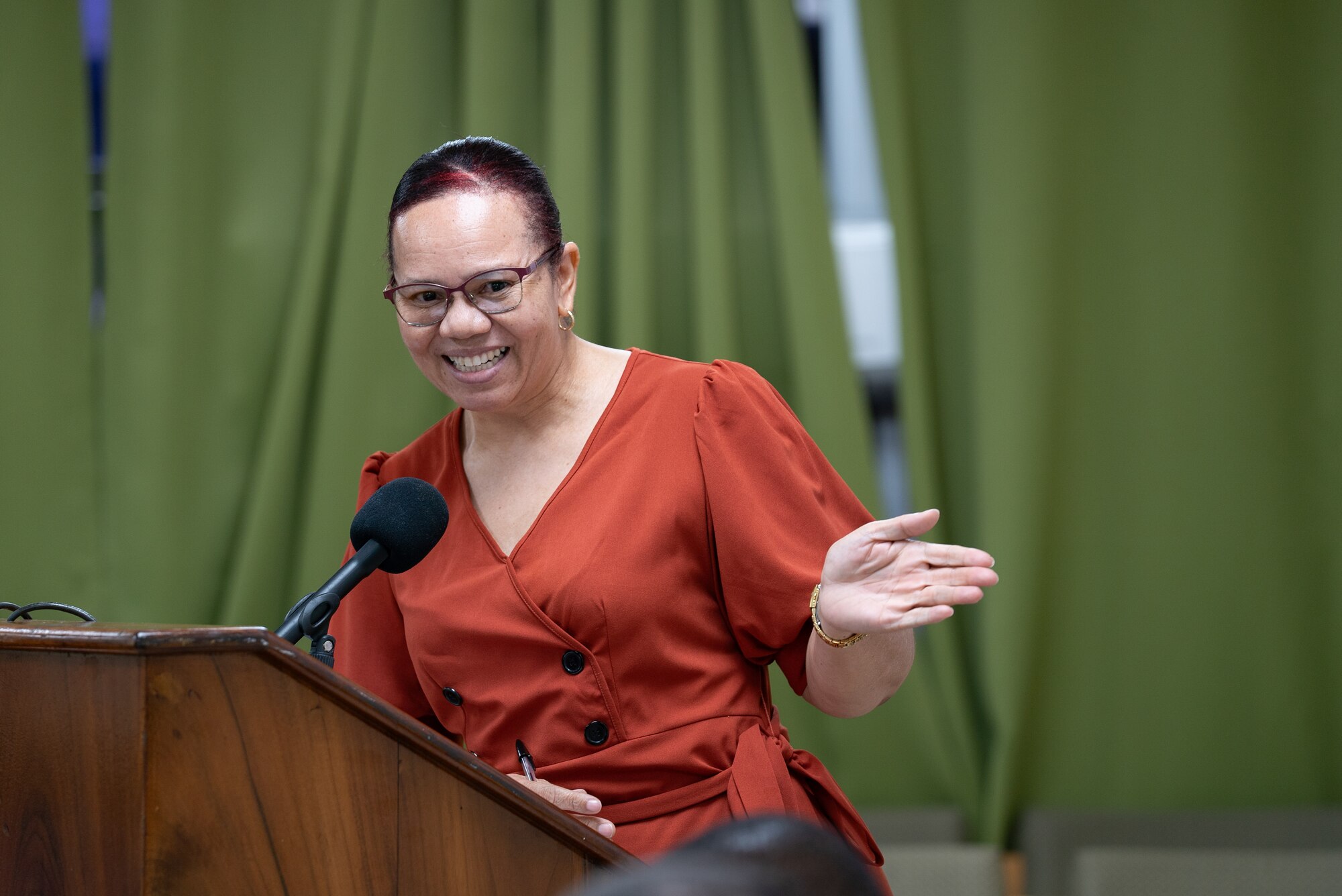 Grace Walters, hospital administrator, provides introductory remarks at the Financial Complex, Kingstown, during the Lesser Antilles Medical Assistance Team closing ceremony in St. Vincent and the Grenadines, March 12, 2024. Thirty-four active duty and reserve Airmen traveled to St. Vincent in support of this year’s Lesser Antilles Medical Assistance Team mission, where members worked closely with their host nation counterparts to collaborate and hone skills through mutual training and education. (U.S. Air Force photo by Capt. Danny Rangel)