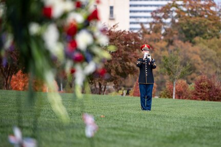 A soldier in a dark ceremonial uniform is playing a trumpet while standing on a large grass lawn. In the forground are flowers.