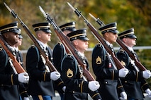 Army soldiers dressed in dark ceremonial uniforms are marching towards the right of the picture. The are carrying ceremonial rifles with bayonets affixed over their right shoulders.